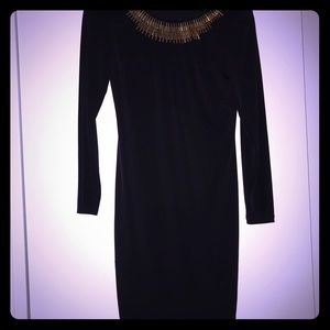 Long sleeves formal dress, gold accented neckline